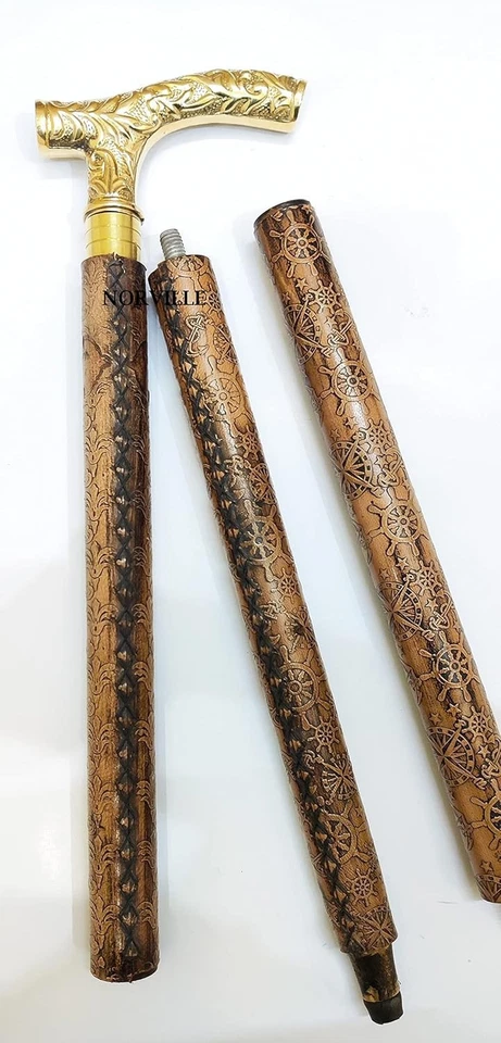 Walking Stick Canes Engraved Leather with Brass Handle for Men Women - Image 3 of 4