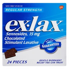2 Pack Ex-Lax Regular Strength Stimulant Laxative Chocolate Pieces, 15 mg, 24 Ct