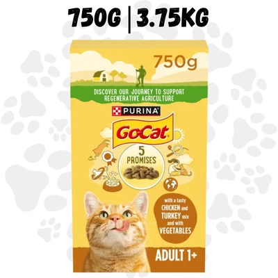PURINA Go-Cat Turkey & Chicken Dry Cat Food - 750g, 3.75kg (5x750g) Complete Nutrit
