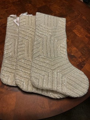 ONE  Beaded Christmas Stocking Silver Faux Pearls+ White Gorgeous NWT 3 Availabl