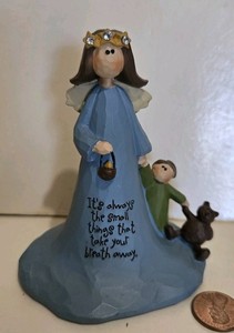 Angel w Little Girl "Small Things Take Breath Away" Teddy Bear, Blossom Bucket