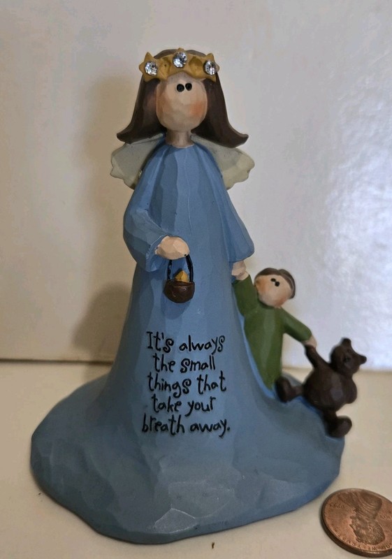 Angel w Little Girl "Small Things Take Breath Away" Teddy Bear, Blossom Bucket