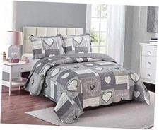 Heart Love Quilt Set, 3-Piece Bedding Sets with 2 Shams, Quilt Set Queen Grey