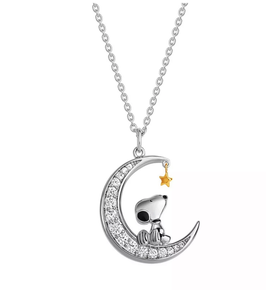 Colar folheado a prata Peanuts Snoopy SITTING ON A CRESCENTE MOON/CORAÇÃO FINO - NOVO COM ETIQUETAS - Imagem 2 de 2