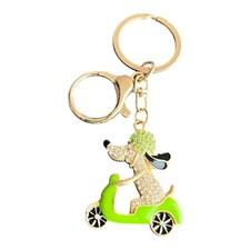 Dog on Scooter Keychain Charm 3.75" Green Rhinestone Gold Tone