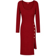 Guess Womens Ribbed Knit Bodycon Dress Wine Red Gold Button Side Slit Large