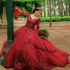 V Neck Tulle Quinceanera Dresses Long Sleeve Appliques Backless Birthday Prom