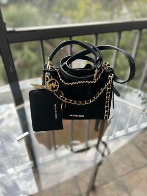 Michael Kors Mina Black SM Chain Belt Crossbody Bag Top Zip Coinpouch  Wallet