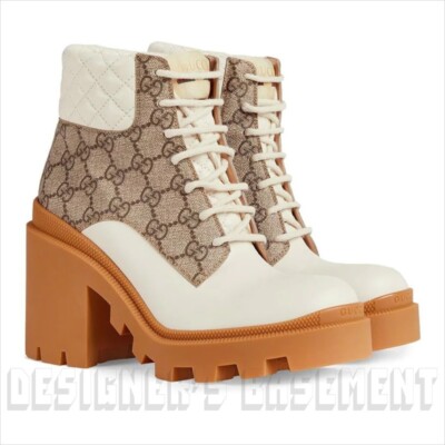 GUCCI 40 quilted Leather GG canvas TRIP logo platform Combat ankle 