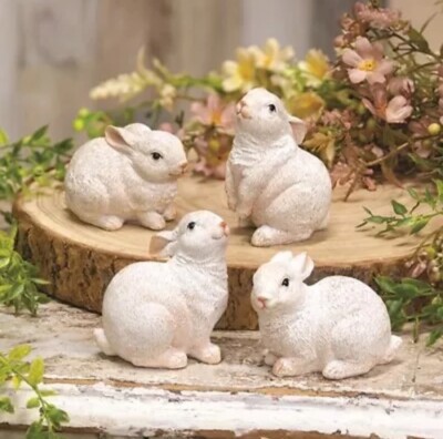 New Farmhouse Spring Easter SET 4 WHITE BUNNY FIGURINE Rabbit Figures 3''