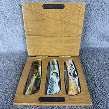 3 Wildlife Scene Folding Pocket Knives Vanadium Stainless + Case Deer Duck Fish