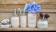 BEAUTIFUL 5 PIECE RUSTIC DISTRESSED MASON JAR BATHROOM SET