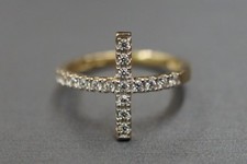 10K Solid Yellow Gold Sideways Cross CZ Ring. Size 7