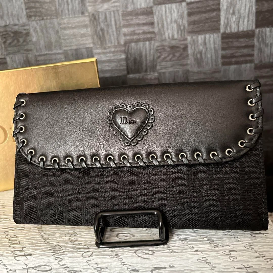 Authentique portefeuille long Christian Dior noir logo coeur estampillé cuir femme
