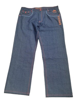Coogi Dark Blue Men's Jeans 38 X 34 Loose Straight Denim Colorful Embroidery