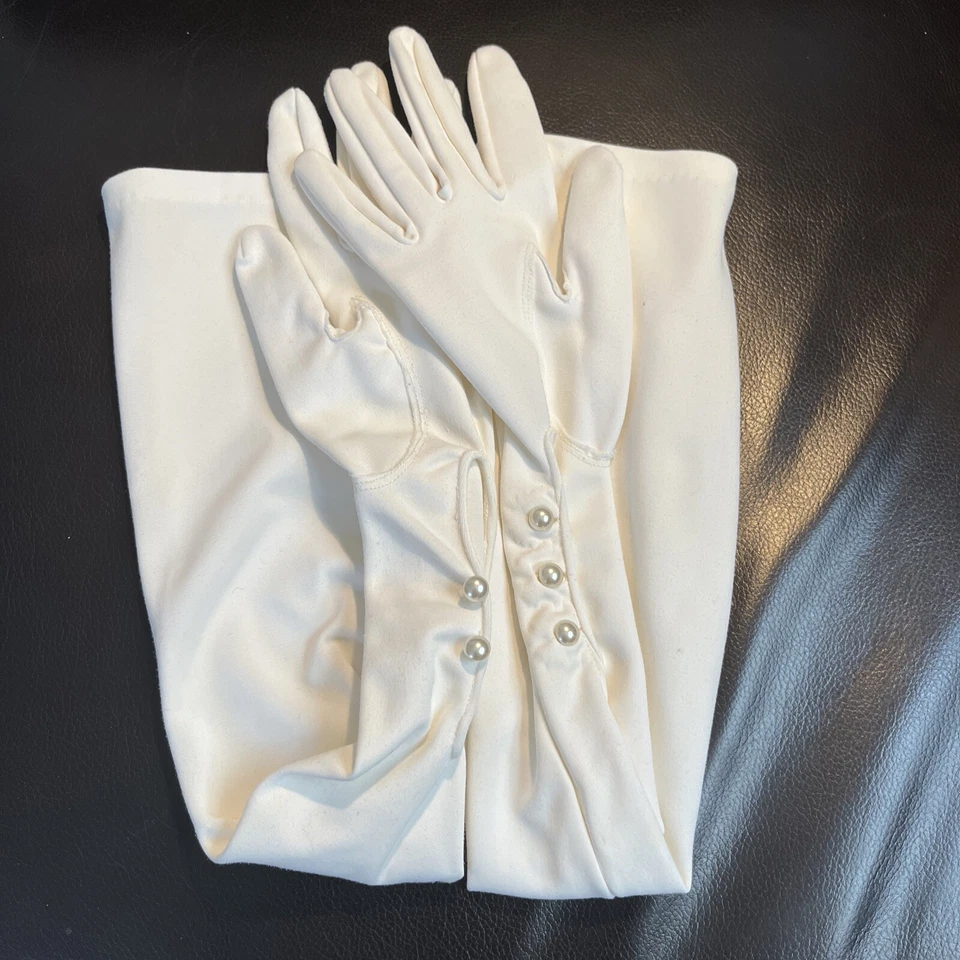 Винтажные белые перчатки длина до рук оперные 100% хлопок официальные пуговицы свадьба - Изображение 3 из 4
