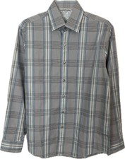 Tasso Elba Men's Shirt Gray and Blue Plaid Cotton Size S 14- 14 1/2 Retail 49