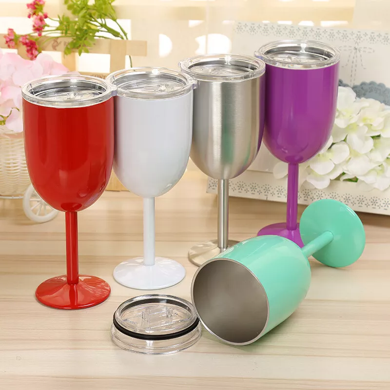 Stainless Steel Goblet Wine Water Cocktail Cup Insulated Mug w/ Lid 10 oz