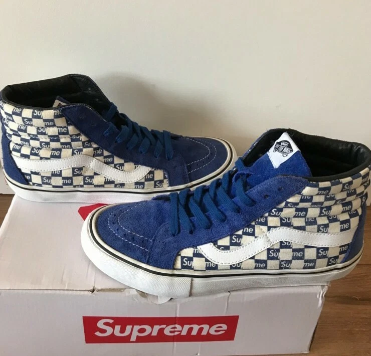 FW16 Supreme Vans bleu logo à carreaux Sk8 Hi réédition Eu 42,5 US 9,5 UK 8,5 rare