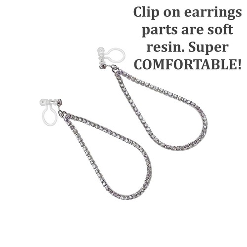 Dangle Large Silver Teardrop Crystal Rhinestone Invisible Clip On Earrings - Picture 4 of 10