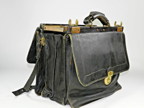 Vintage Antique Black Leather Doctor Bag Gladstone Briefcase