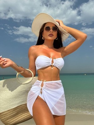 NEUESTES DESIGN Weiß 3-teilig BH Oberteil Unterteil Überwurf Netz Rock Bikini Set Größe 8
