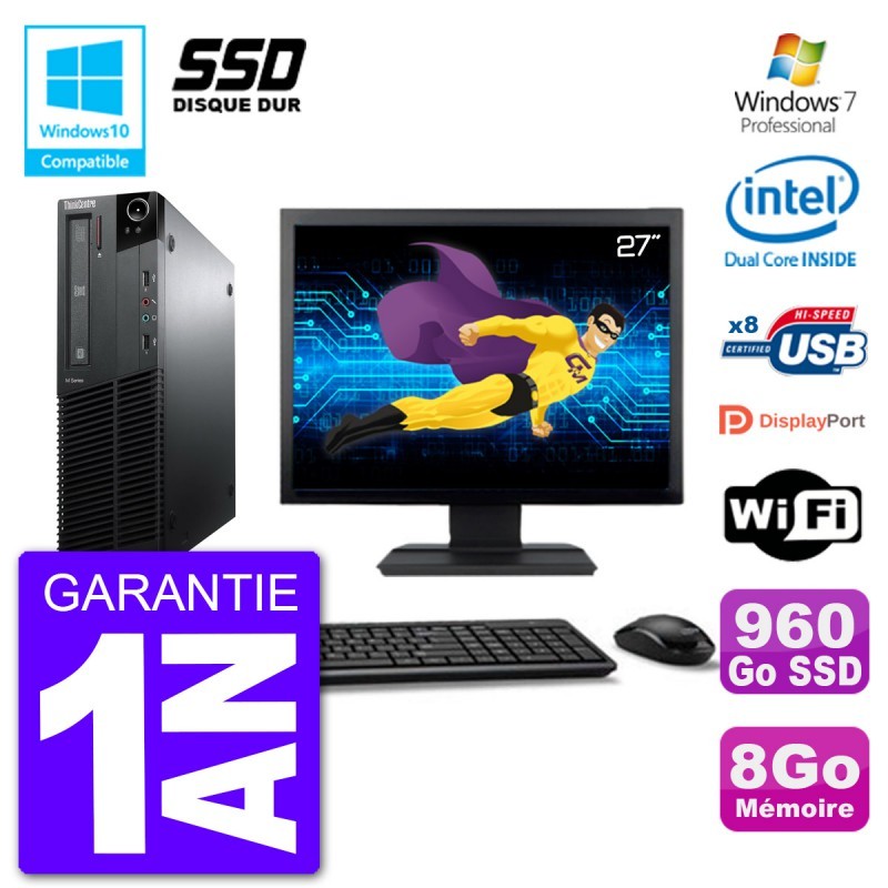 PC Lenovo M82 SFF Ecran 27" G640 RAM 8Go SSD 960Go Graveur DVD Wifi W7