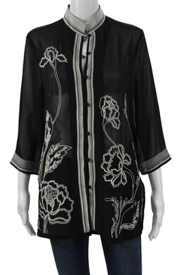 Roberta Di Camerino Women Tunic Blouse Black Floral 3/4 Sleeve Collared Size 40