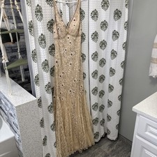 Sue Wong Beaded  embroidery flower Evening Gown Sz 4 beige prom wedding