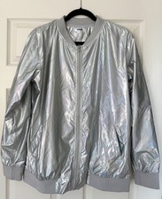 Holographic Metallic Silver Bomber Jacket with Ribbed Cuffs, lightweight, size M