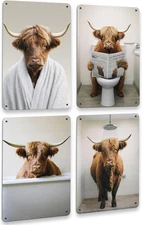 Drsoum Funny Highland Cow Bathroom Wall 12 x 8 Inch x 4pcs, 