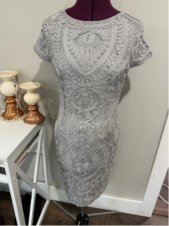 JS Collections Silver Gray Embroidered Cocktail Dress 4 - Image 2 of 4