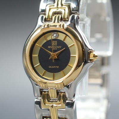 Near MINT Vintage GIVENCHY 1P Diamant Gold Silber QZ Damen Armbanduhr aus JAPAN
