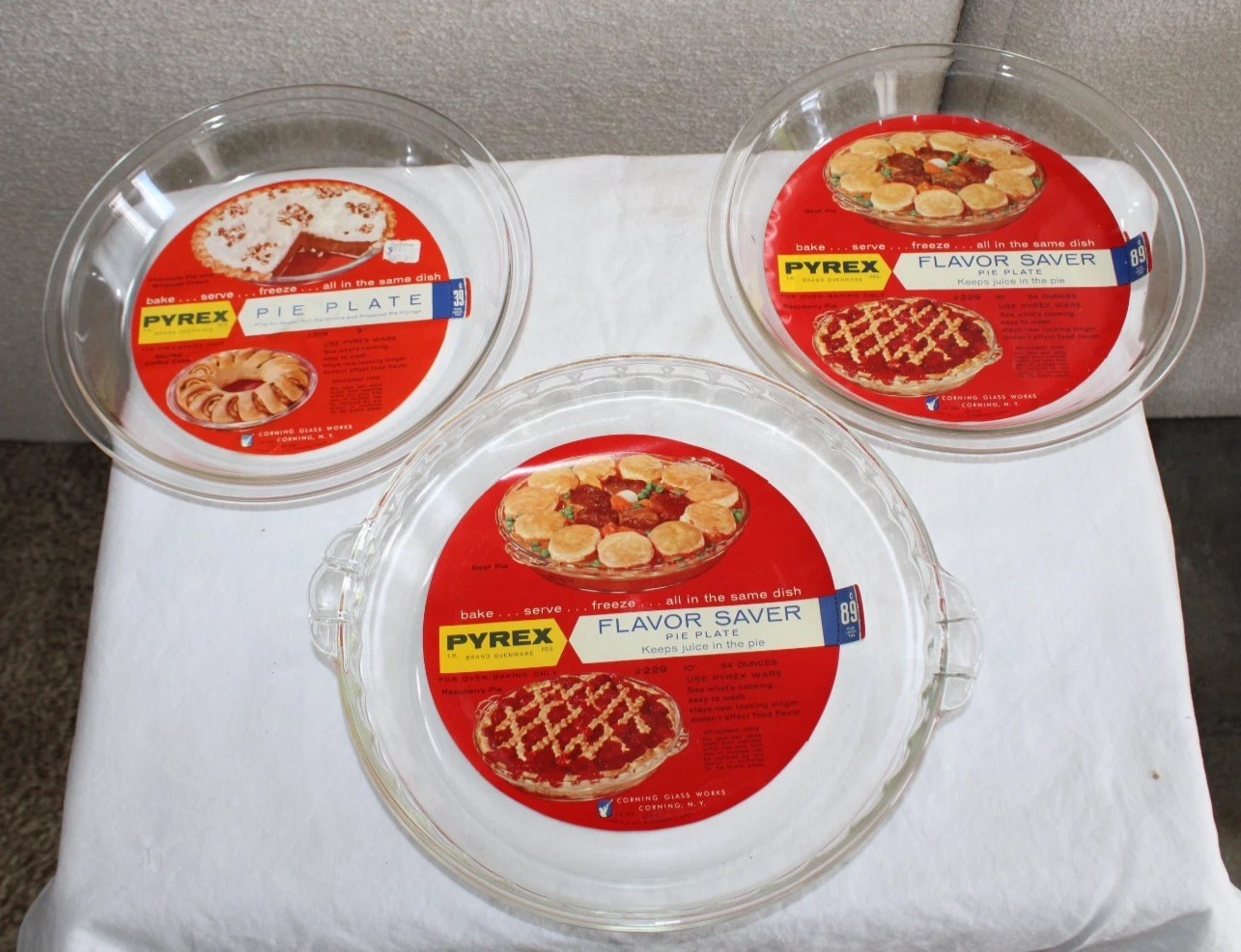 NOS 3 Vintage PYREX Corning Glass Work Juice Saver 9” Pie Plate w/Original Label