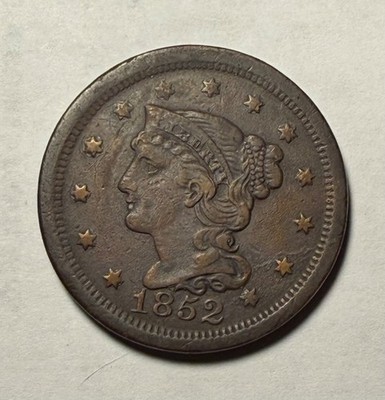 1852 braided hair large cent- great example of a late year large cent