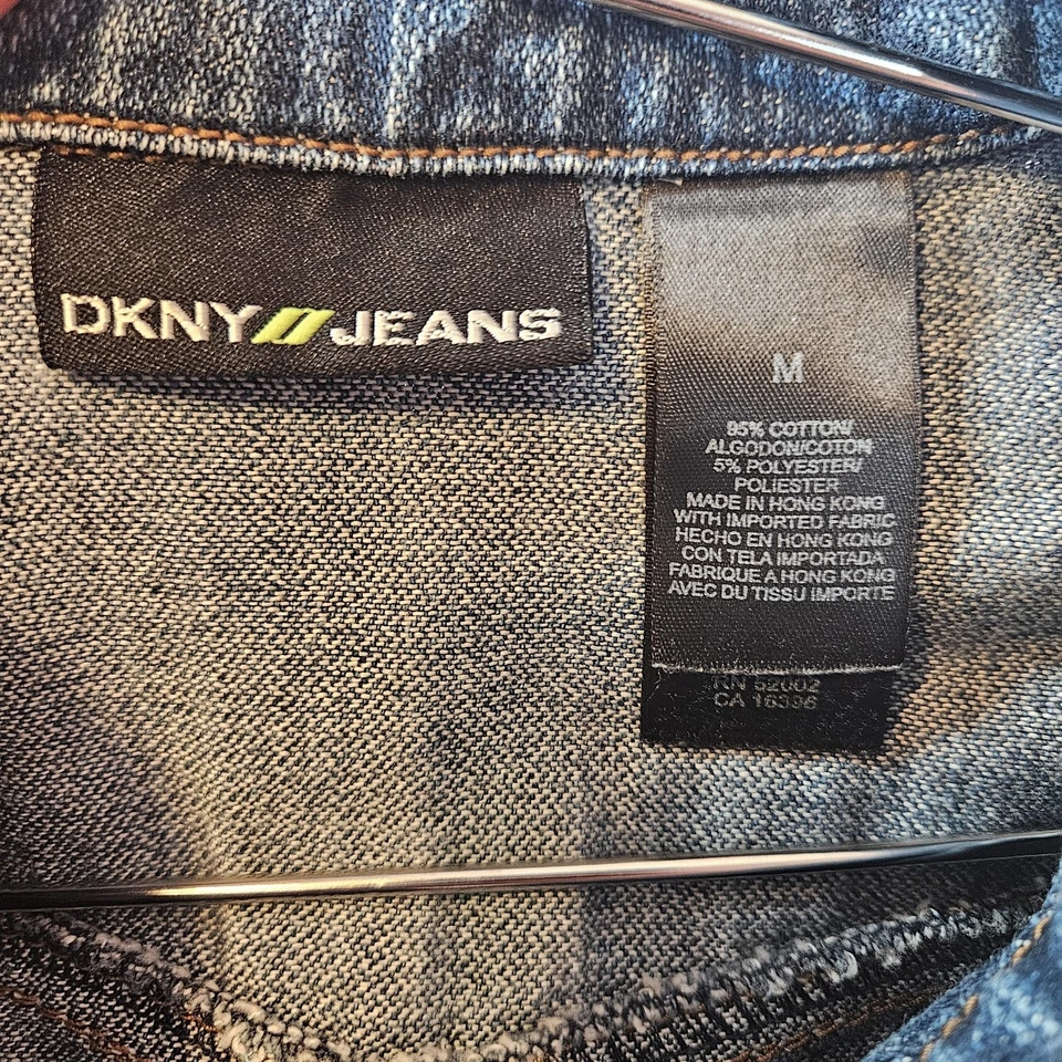 Chaqueta vaquera vintage DKNY para mujer azul medio denim ajustada peplum cremallera frontal Y2K Foto 2 de 4