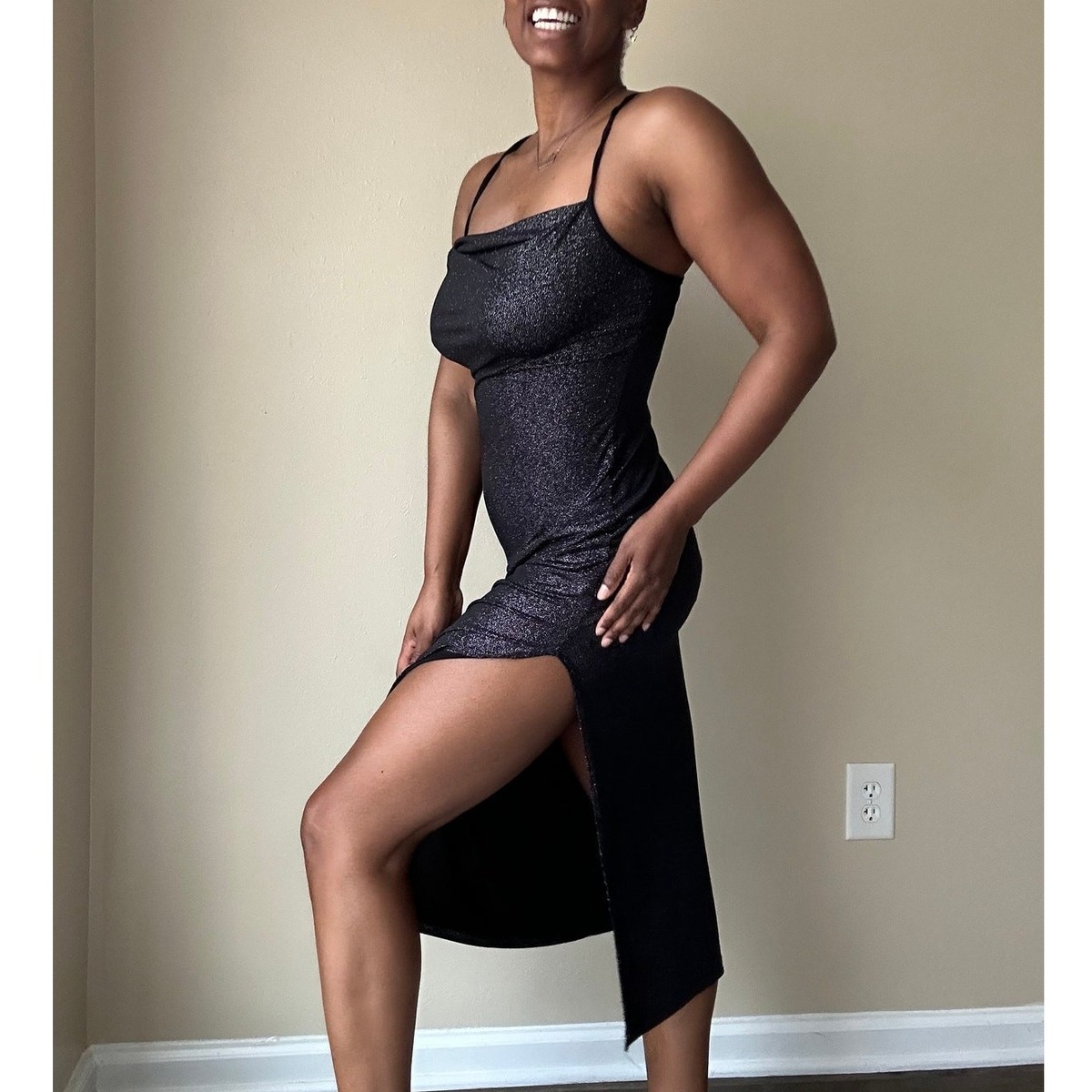 Bebe Black Silver Speckled Cowl Neck Midi Slip Dress Size Medium | eBay