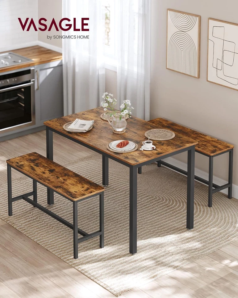Tavolino Da Pranzo Con 2 Panche, Set Di 3 Pezzi, Tavolo Da Cucina 70 X 110 X 75  - Immagine 2 di 4