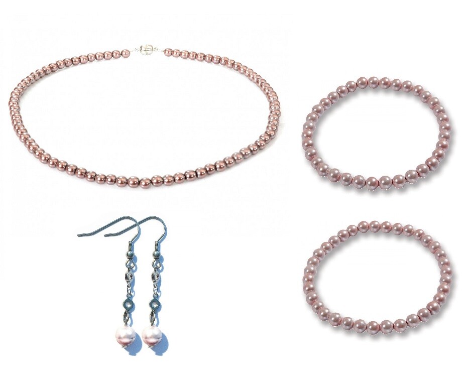 Parure de bijoux en perles roses et hématite véritable, élégance artisanale