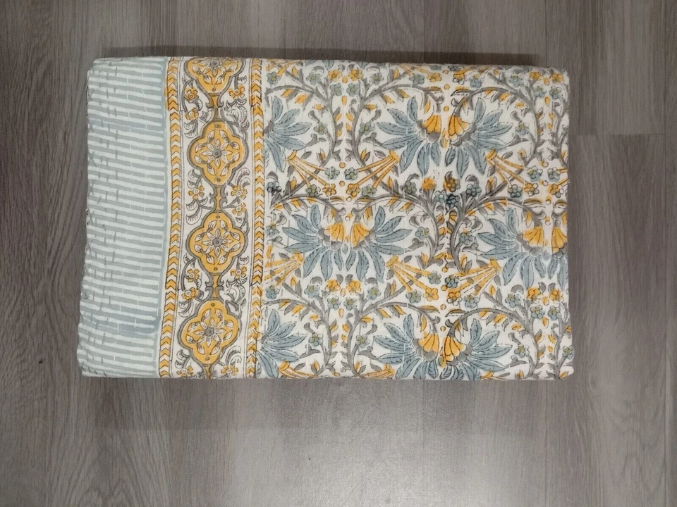 Indian King Size Hand Block print kantha Handmade Quilt Bedspread Blanket - Image 4 of 4