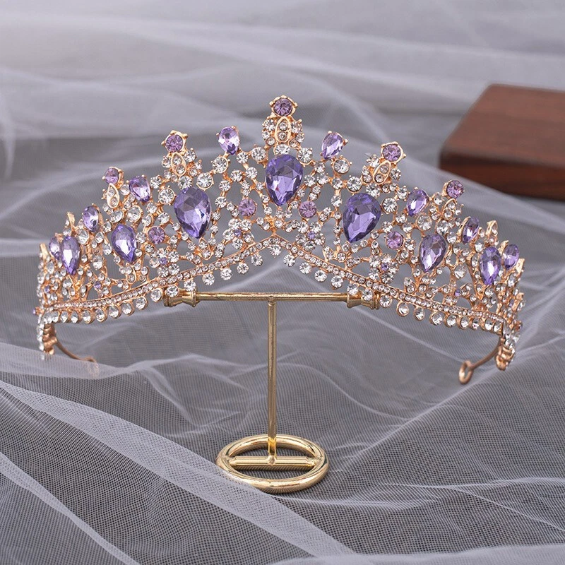 Gold Crown Vintage Headband, Purple Crystal Rhinestone Hair Jewelry - Image 4 of 4