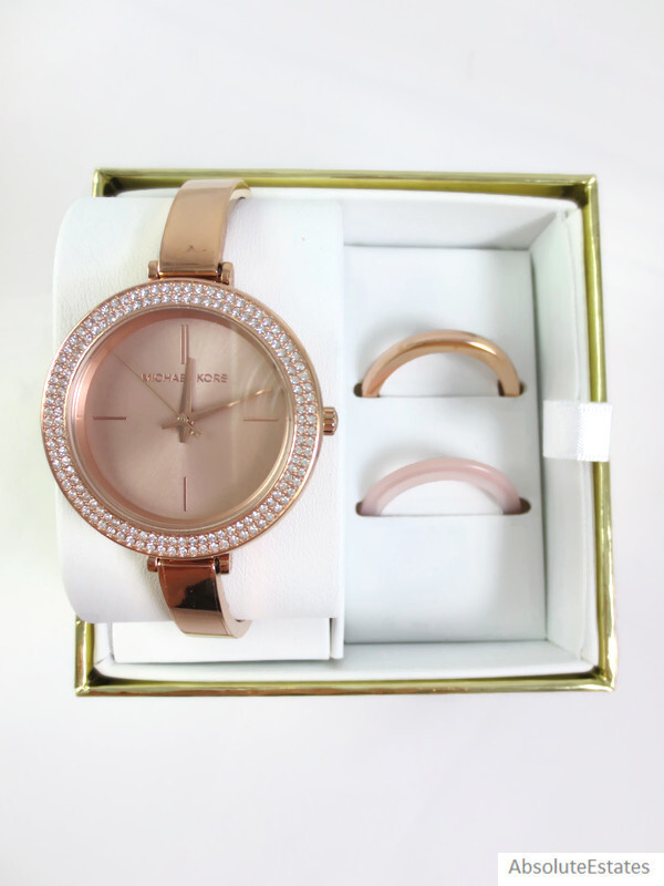 NEW Michael Kors Carey Rose Gold Stainless Steel Bezel Watch Set
