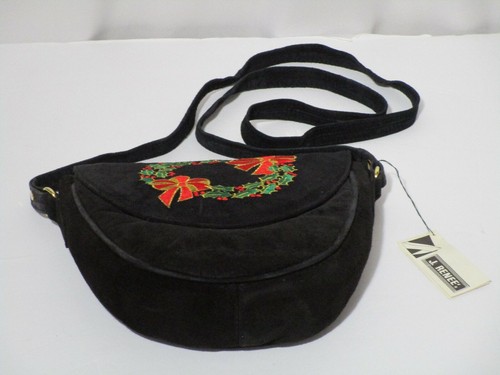 Vintage J. Renee Bag Black Suede Wreath Embroidered Christmas NOS Shoulder Strap - Picture 5 of 8