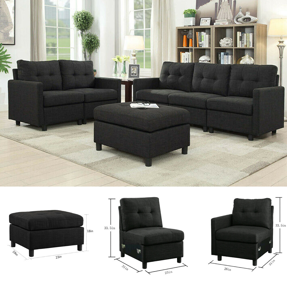 Modern Sectional Sofa Set Linen Fabric w/ Reversible Chaise L-Shaped Couch  Black | eBay