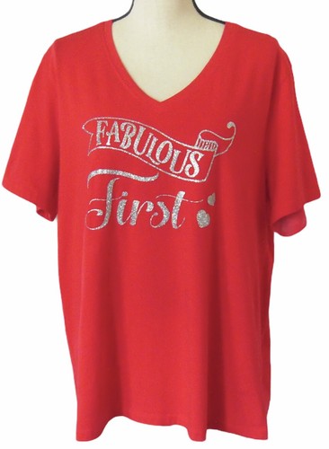 Women's Graphic Glitter T-Shirt 2X Red Short Sleeve - Picture 2 of 9