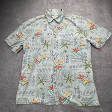 Island Shores Button Front Shirt Mens Medium Hawaiian Green Tropical Aloha