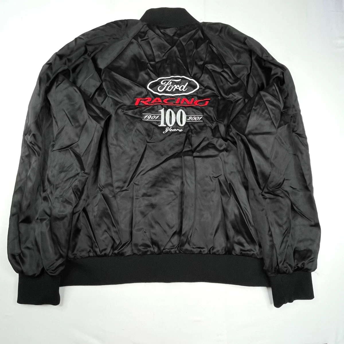 Ford Racing Jacket Mens XL Black Vintage Satin Snap Button 100