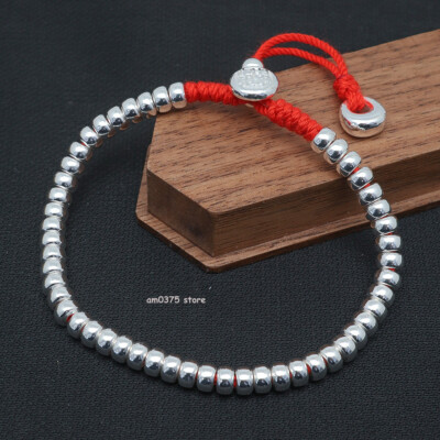 Echt 999 reines Silber Armband Handarbeit rote Schnur 5mm Abakus Perlen verstellbar