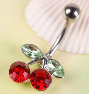 Surgical Steel Red Cherry Rhinestones Inlaid Belly Button Navel Ring