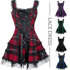 Women Gothic Vintage Plaid Dress Frill Lace Ruffle Gowns Short Dress Sleeveless